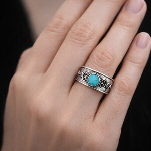 Bali Ring Size 6 Genuine Turquoise 925 Silver Oxidized Finish Boho style